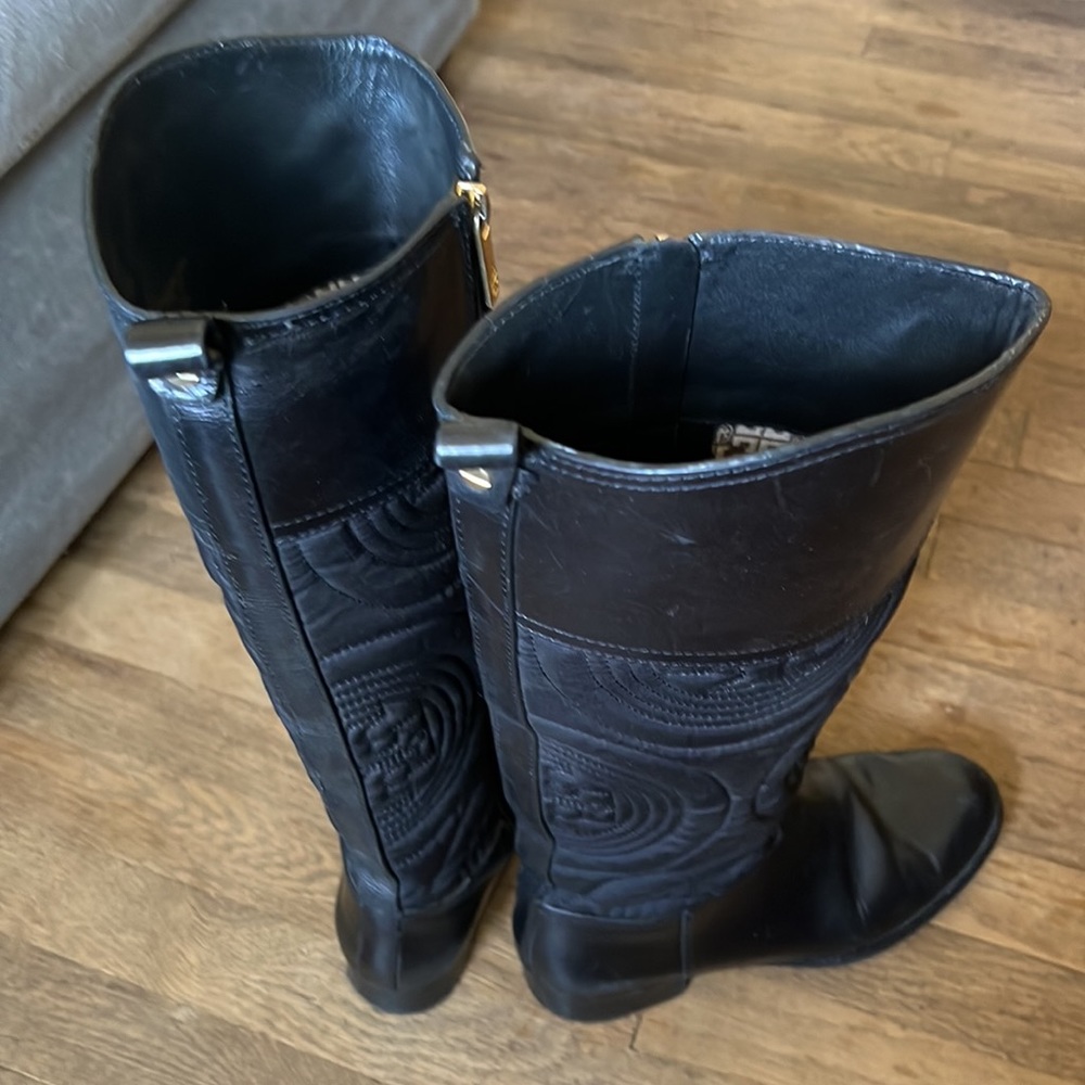 TORY BURCH Knee High Quilted Logo Riding Boots - Picture 6 of 13